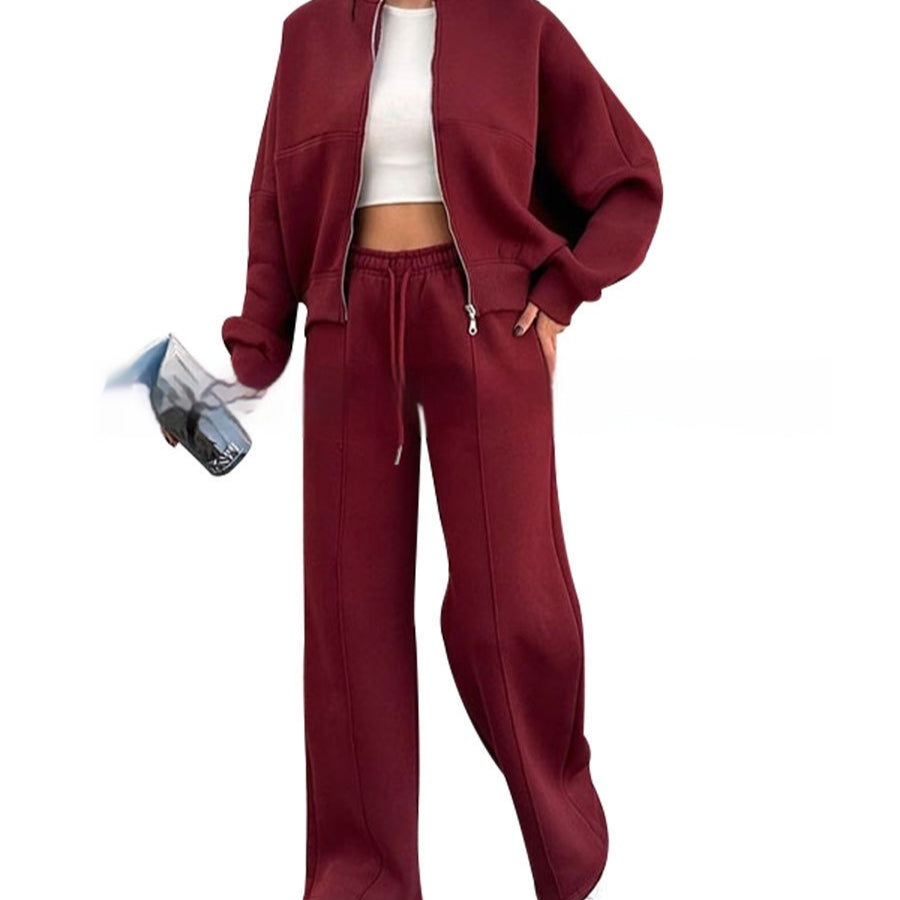 Woman in a zip jacket and wide-leg pants set