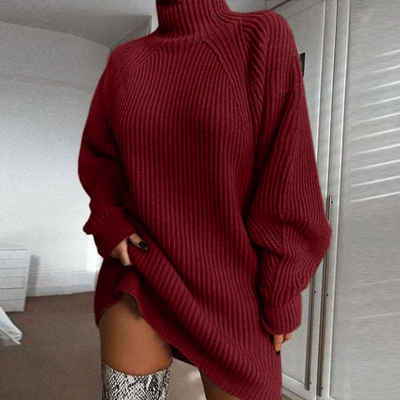 Woman in oversized turtleneck sweater dress