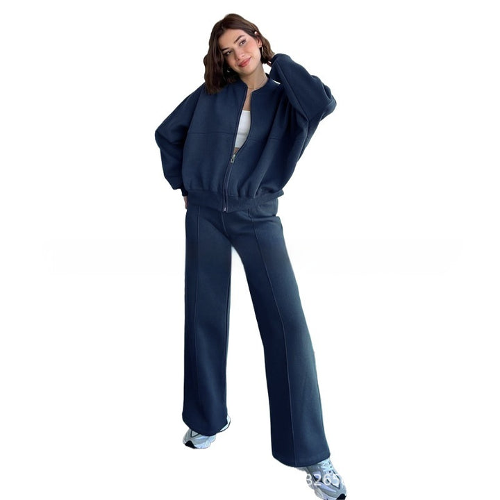 Woman in a zip jacket and wide-leg pants set