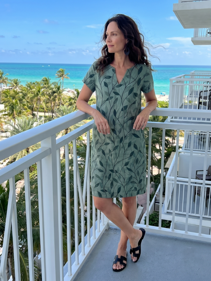Hanie | Leaf Print V Neck Knee Length Dress