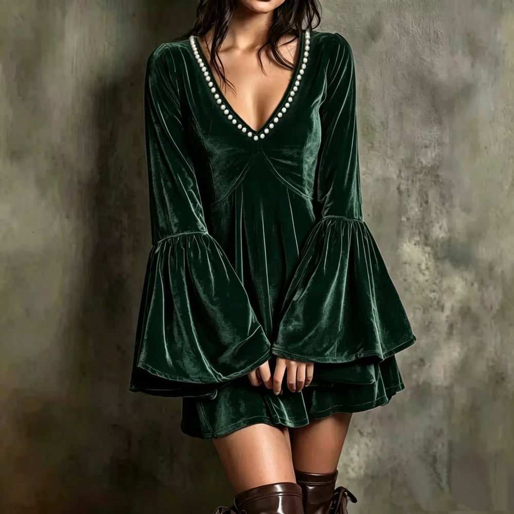 Woman in a beaded velvet mini dress