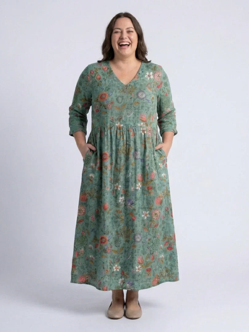 Marina | Floral V Neck Three Quarter Sleeve Maxi Dress