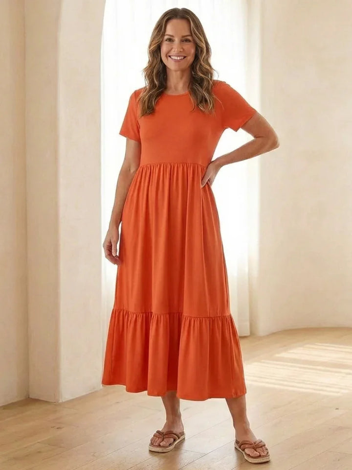 Nerissa | Round Neck Short Sleeve Tiered Midi Dress