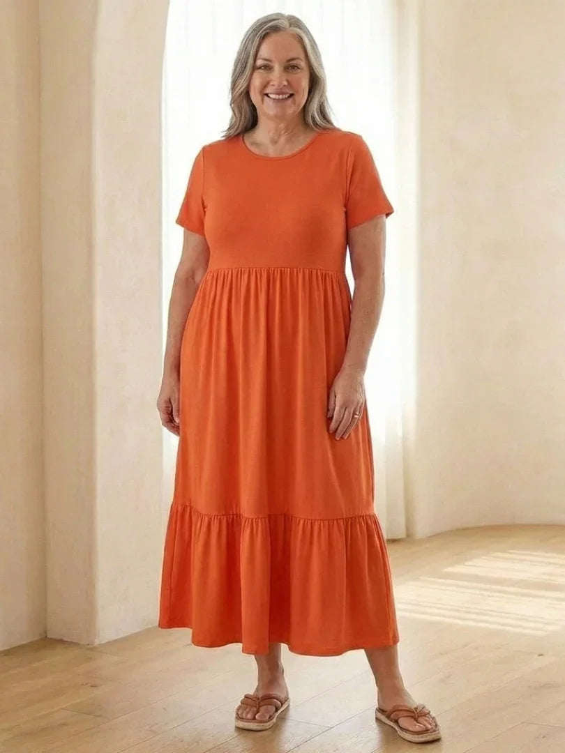Nerissa | Round Neck Short Sleeve Tiered Midi Dress