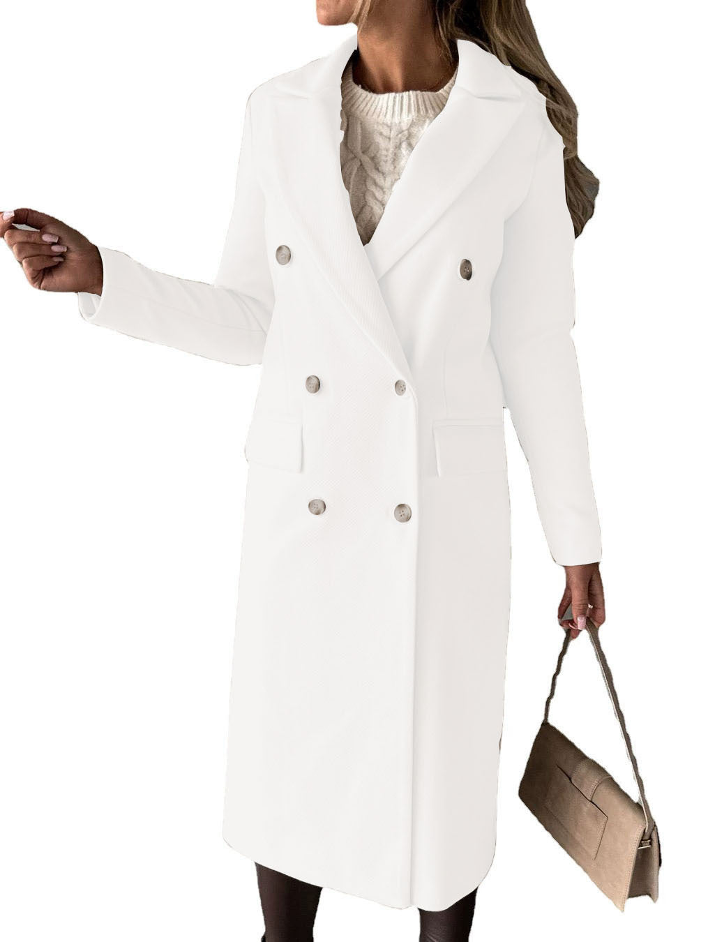 Woman in long double-breasted coat