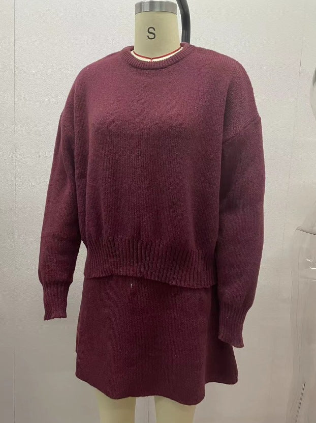 Woman in matching knit sweater and mini skirt set