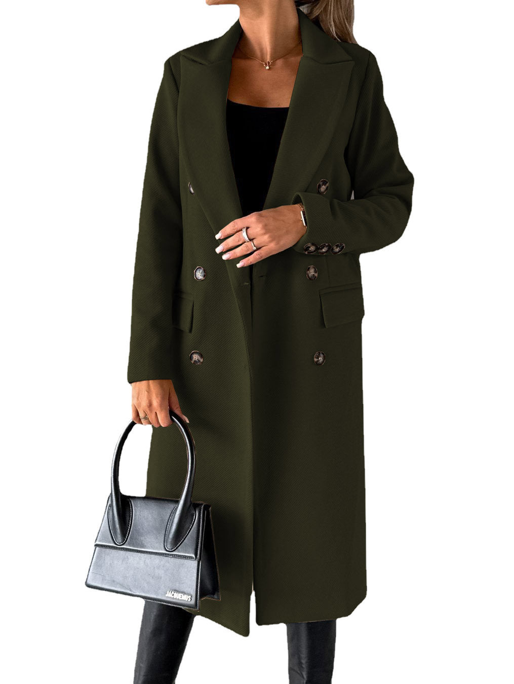 Woman in long double-breasted coat