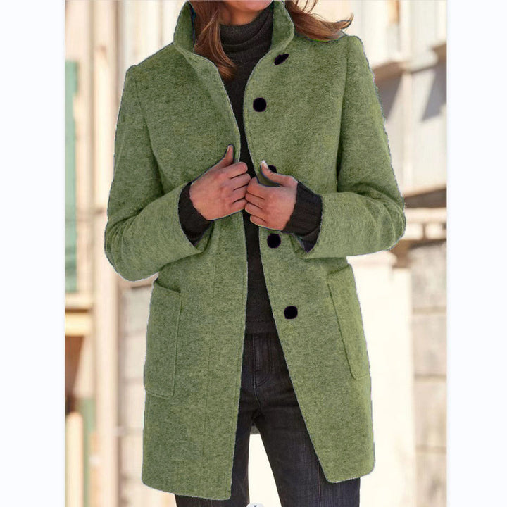 Woman in stand collar button coat